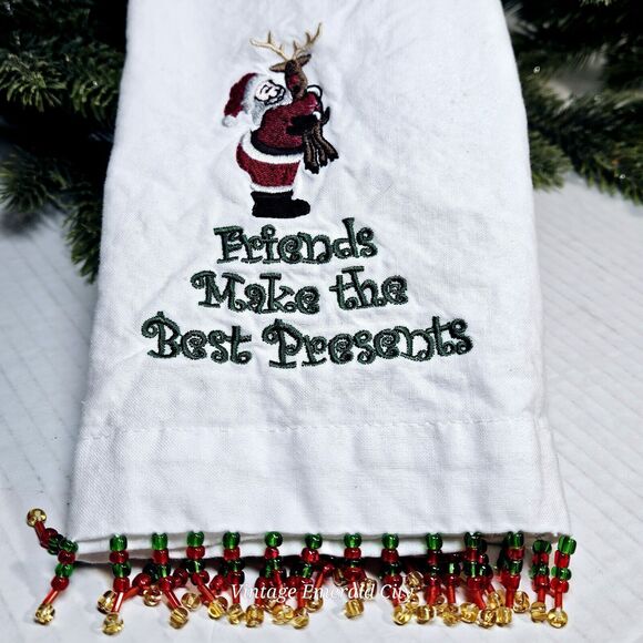 Christmas Stitched Hand Towel Friends Make The Best Presents Santa Rudolf Beaded - Picture 12 of 12